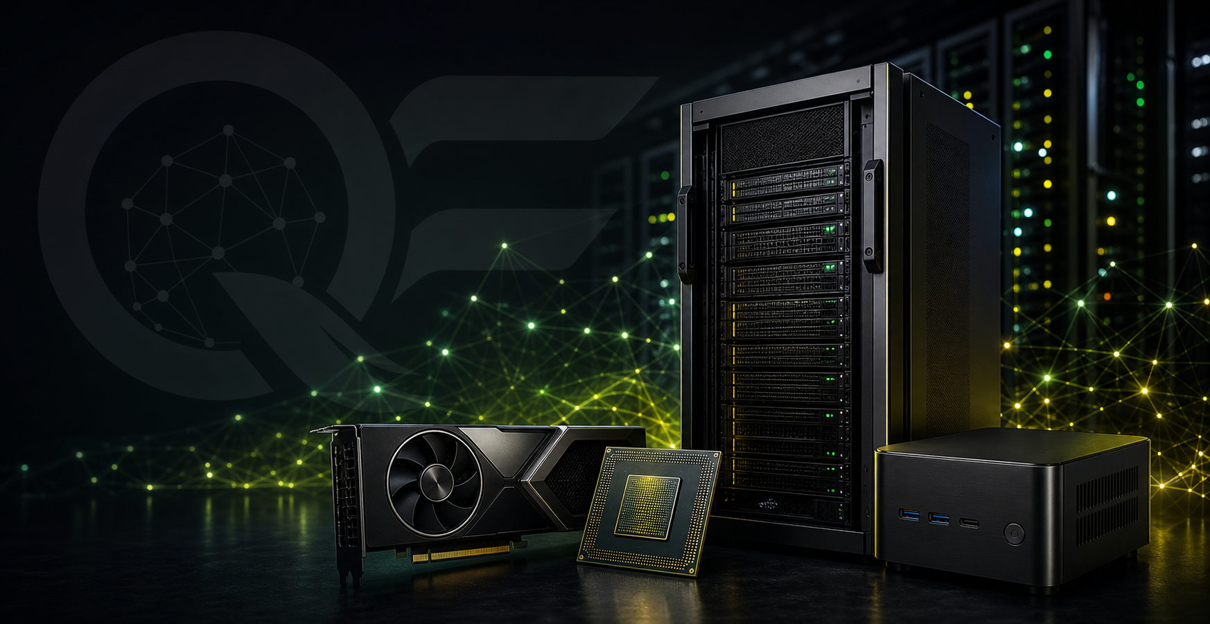 QuantumEdge AI infrastructure hardware with server rack, GPU card, AI chip and mini PC